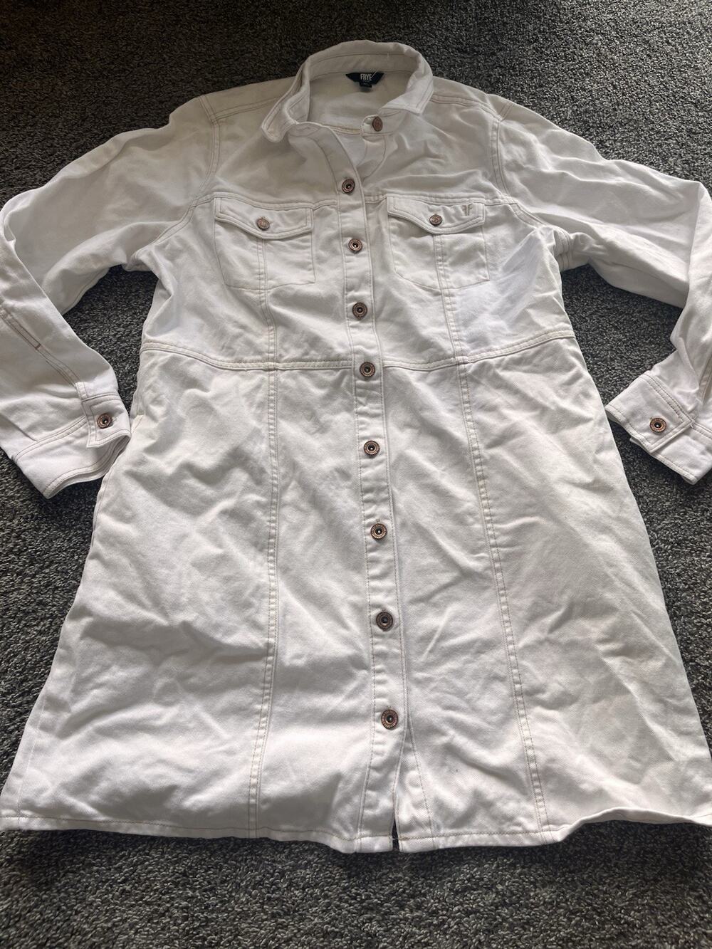 Frye Denim Mini Dress Size XL Ivory Long Sleeve Button Front Pockets U